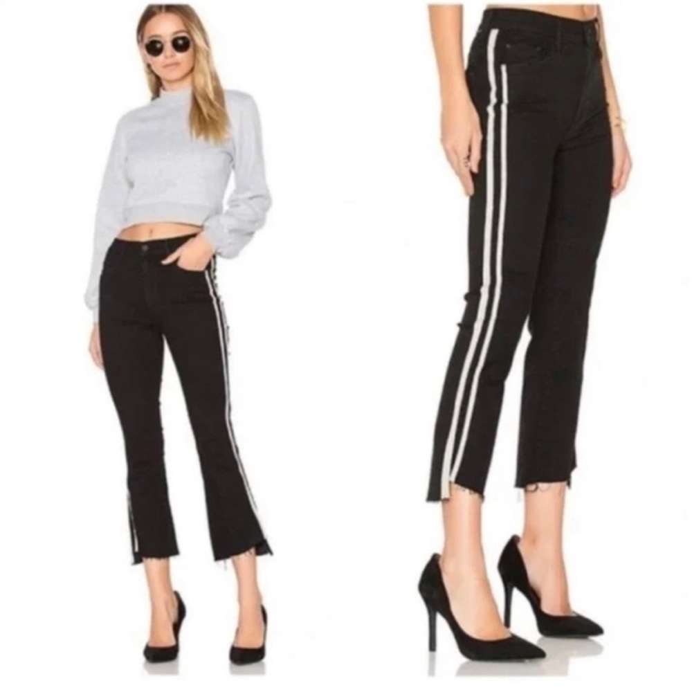 MOTHER Insider Crop Step Fray Guilty Racer Stripe Ankle Fray Black Jeans‎ Sz 25